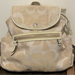 Coach Beige Signature Nylon Backpack with Leather Trim